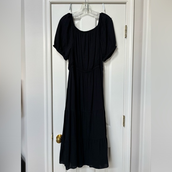 LOFT Black Gauze Scoop Neck Tiered Midi Dress - Picture 2 of 7